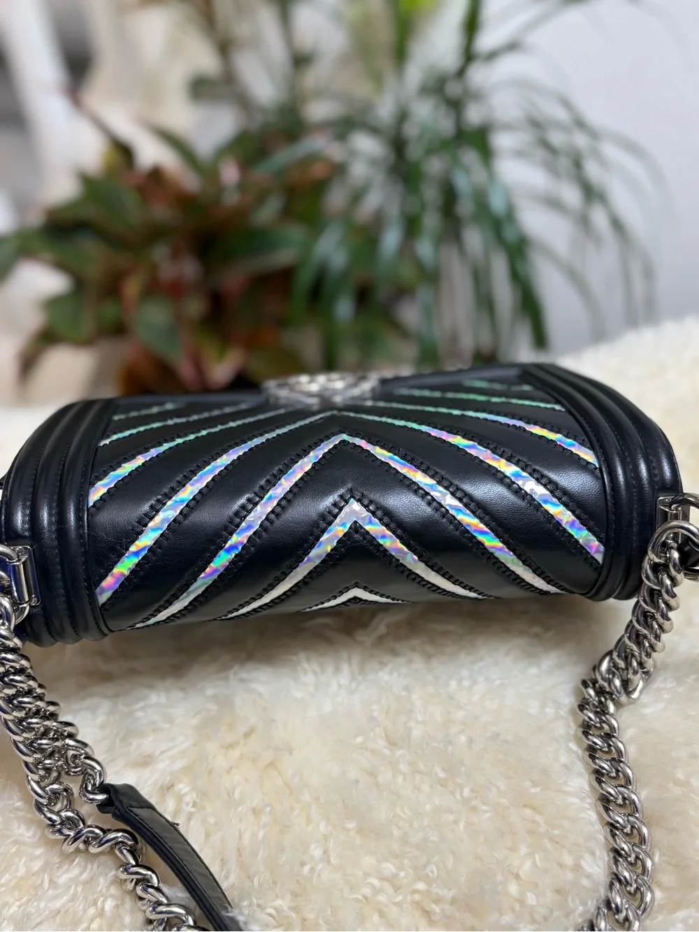 CHANEL Lambskin Iridescent PVC Chevron Quilted Medium Boy Flap Black Silver